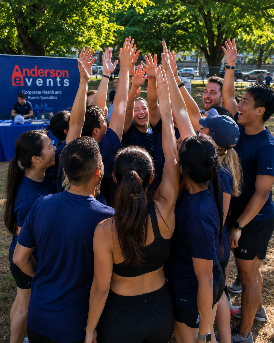 Home 7 Anderson Events team high-five huddle at a corporate event in Sydney