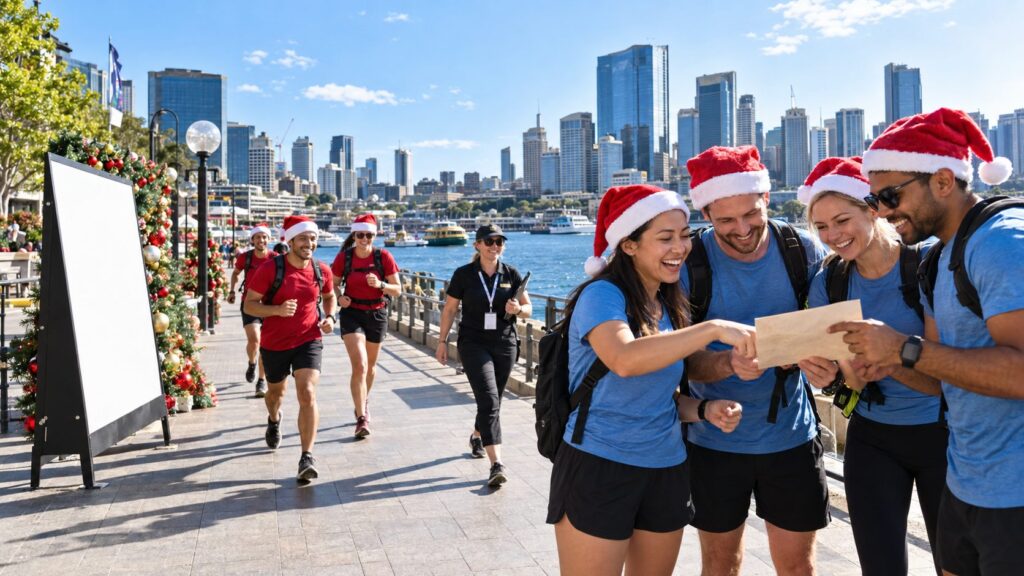 Colleagues in Santa hats solve a clue during a Christmas Amazing Race along Sydney Harbour