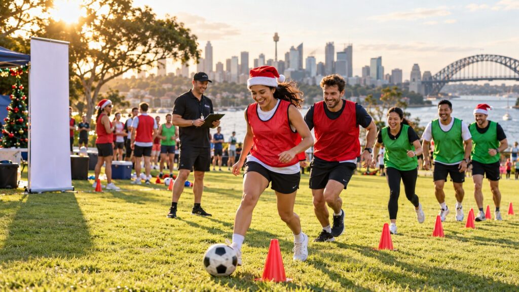 Teams in Santa hats race through cones at a corporate Christmas sports carnival with Sydney skyline views