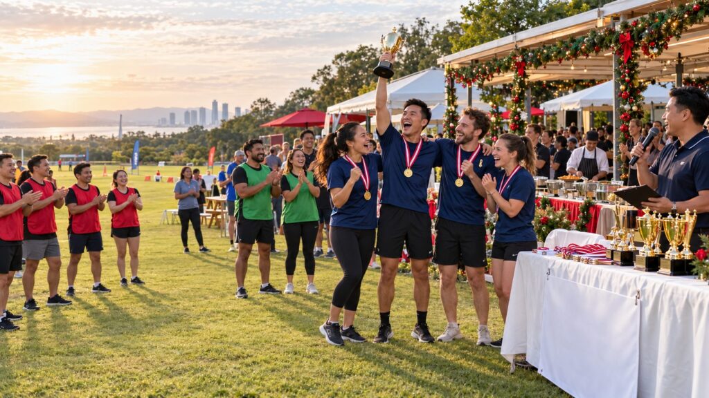 Team celebrates winning a trophy at a corporate Christmas sports carnival awards ceremony in Sydney