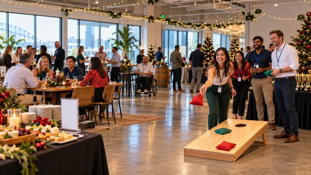 Colleagues play games at an indoor end of year function with grazing tables and festive lights in Sydney